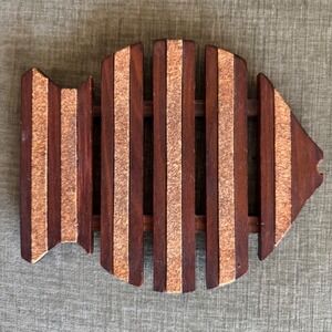 Vintage Fish Trivet Mid Century Wood Cork Brown Nautical Coastal Kitchen Decor